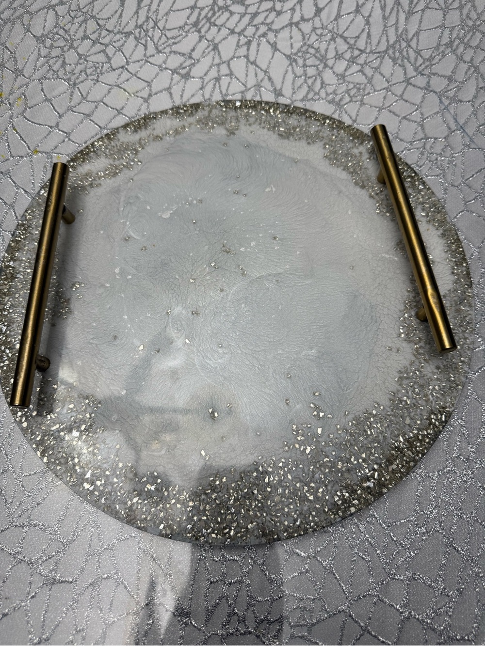 Round Silver Glitter Resin Serving Tray with Brass Handles - Picture 11 of 11